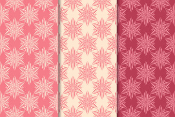 Set of cherry red floral designs. Vertical seamless patterns