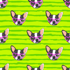 seamless vector pattern with funny french bulldog in glasses on a bright green background.