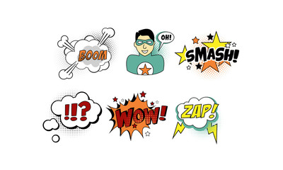 Bright comic templates set, speech bubbles, text sound effects vector Illustration on a white background