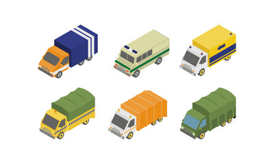 Special services trucks set, municipal specialized vans vector Illustration on a white background