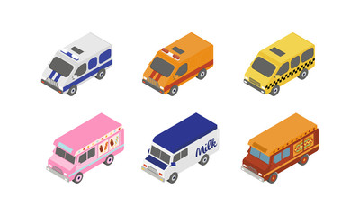 Street food trucks and special service vans, city transport vector Illustration on a white background