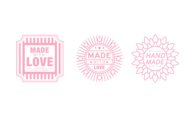 Hand made with love logo set, pink badges, labels, tags for hand made products vector Illustration on a white background