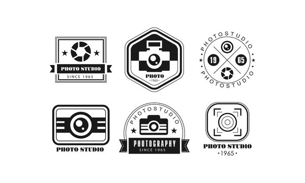 Photo studio logo set, photography black retro badge vector Illustration on a white background