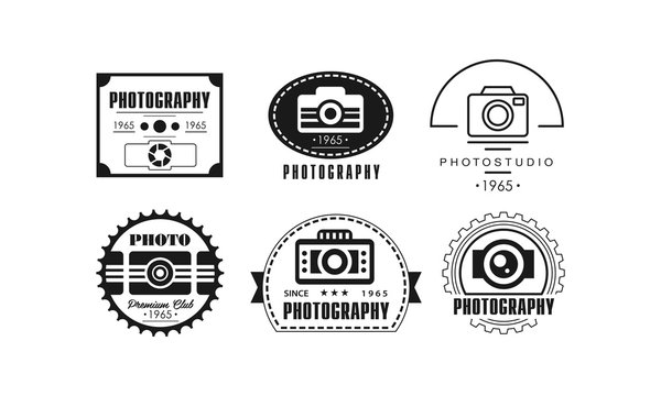 Photo studio logo set, photography black badge template in retro style vector Illustration on a white background