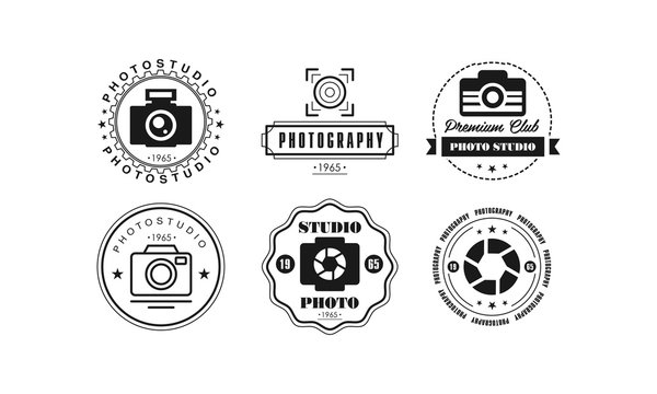 Photo studio logo set, photography premium club black badge template in retro style vector Illustration on a white background