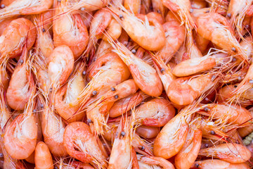 boiled red shrimps on plate, seafood background