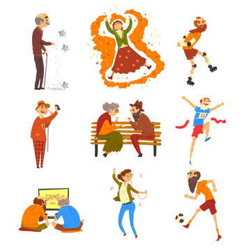 Happy senior people having fun set, elderly men and women cartoon characters leading active lifestyle, social concept vector Illustration on a white background