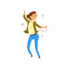 Marture woman listening to music on headphones and dancing, grandma having fun, woman leading an active lifestyle, social concept vector Illustration on a white background