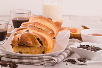 Brioche with chocolate chips.