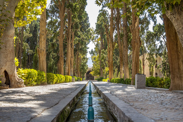 Main alley of the Kashan Fin Garden, also known as Bagh e Fin park. It is a touristic landmark of Kashan, Iran, and a symbol of the Persian empire.