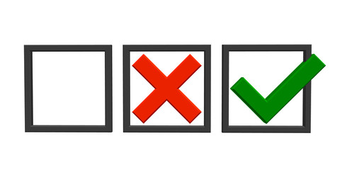 Checkmark icons. Tick and cross sign.  3d Vector illustration.