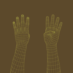 Hand gesture. Fingers showing number four. Vector wireframe illustration