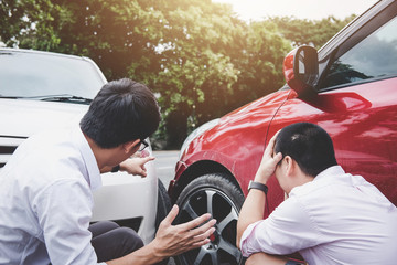 Two drivers man arguing after a car traffic accident collision, Traffic Accident and insurance...