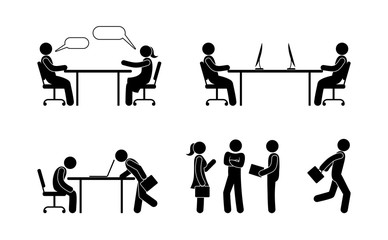 Employee works at the computer at the workplace in the office. Communication of workers. Businessmen are talking. Office life icons.