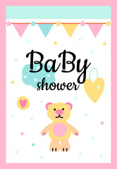 Vector Illustration. Cute design template card with hand lettering for baby shower. Funny teddy bear and hearts with different childish elements. Poster for the kid's birthday.