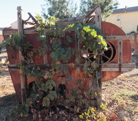 Antigua máquina despalilladora-estrujadora de prensado de las uvas para hacer vino o mosto,...