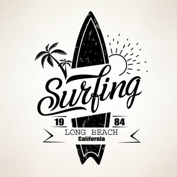 Surfing emblem template, surfboard silhouette with lettering