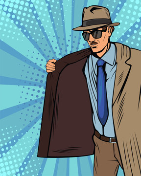 Smuggler is selling illegally on black market. Cloak-seller. Dealer in hat and coat . Bootlegger. Vector illustration in pop art retro comic style. 