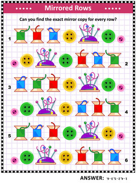 IQ training visual puzzle with colorful sewing spools, buttons, pins and pincushions: Match the pairs - find the exact mirror copy for every row. Answer included.

