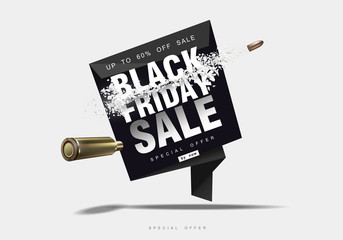 Black Friday sale. Blast wave with flying particles. Shot at prices with a flying bullet, creative template.