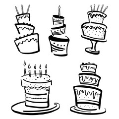 Set of stylized birthday cakes. Hand drawn cartoon ink black and white sketch  illustration