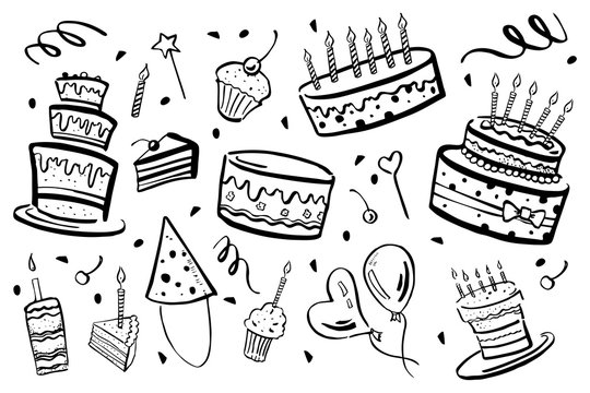 Set of stylized birthday elements. Cakes, balloons and decorations. Hand drawn cartoon ink black and white sketch illustration