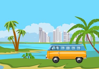 Summer time vacation  illustration. Camper van, minibus . Beach ocean tropical theme vacation. Travel van palm ree, ocean beach.