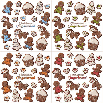 Group of vector colorful illustrations on the New Year theme; set of different kinds of multicolor Christmas gingerbread. Pictures contain realistic shadows and glare.