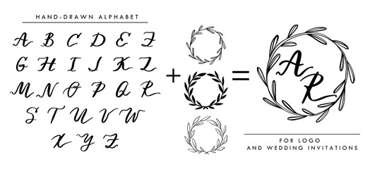 Collection of hand written vector alphabet, cursive capital letters and vector hand drawn floral wreaths. Initial monogram letters and wreaths isolated on white for wedding emblems and logo.