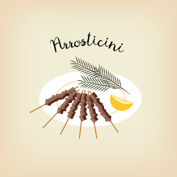 Vector illustration. Flat style icon of skewers of meat. Traditional italian food for different design.