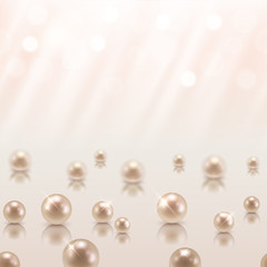 Vector beautiful shiny pearls on light pink background with blurred lights - seamless pattern
