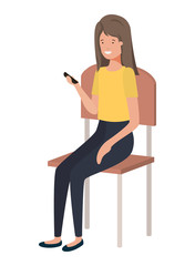 woman sitting in school chair with smartphone
