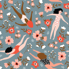 Repeated background with figures of young girls in swimsuits of different nationalities. Cute vector illustration in hand drawn style. Swimming collection. Seamless floral pattern.