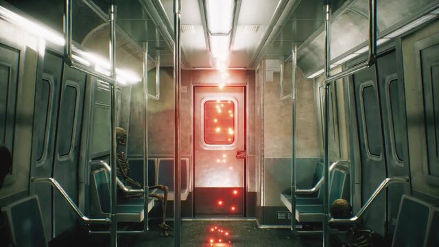 Abandoned railway horror train with skeletons. Horror and post apocalyptic scene. Loopable.