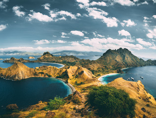 Bays, mountains, cloudy sky. Aerial shot. Padar. Spectacular panoramic overview the bays and...