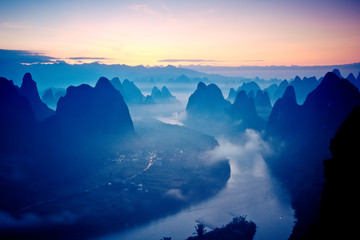 View from Xianggong Hill over the Li river at sunrise