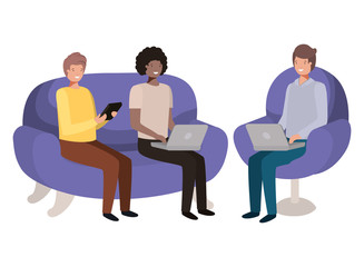 group of men using technology devices