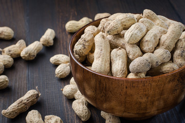 Peanuts in the peel on a dark background.