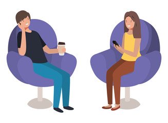 young couple using smartphone in the sofa