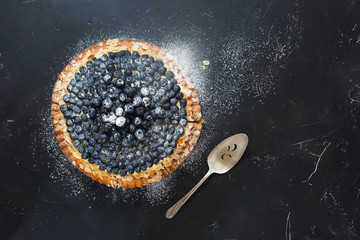 Mascarpone and blueberry tart with fresh blueberries dusted with icing sugar. Top view, blank...