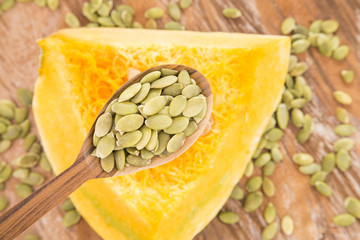 Green pumpkin seeds - Cucurbita maxima. Top view