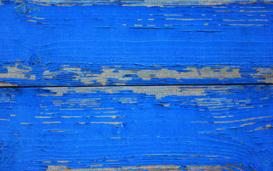 Fototapeta na wymiar Old Painted Blue Wood Wall Boards Texture or Background. Timber or Lumber Material Canvas Empty Backdrop of Bright Vivid Blue Color. Rustic Aged Wood Wall with Broken Paint Pattern for Copy Space Use