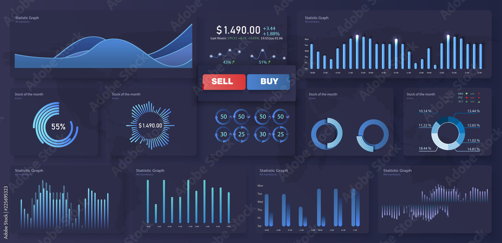 Poster infographic dashboard template with flat design graphs and pie charts. information graphics elements