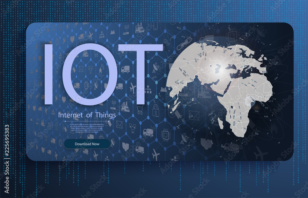 Poster internet of things (iot), devices and connectivity concepts on a network, cloud at center. digital c