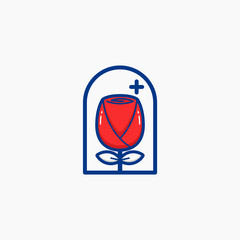 Tulip flower logo symbol badge with plus icon in window frame