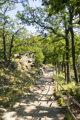 Hiking path to the top of the famous rock Rosstrappe, Thale, Harz mountains, Germany