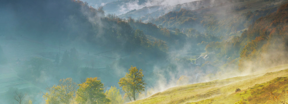 Fototapeta In the fog on the mountain with moving mist for nature