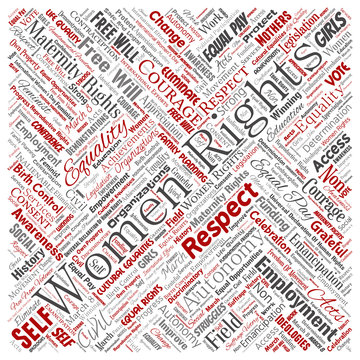 Vector conceptual women rights, equality, free-will square red word cloud isolated background. Collage of feminism, empowerment, opportunities, awareness, courage, education, respect concept