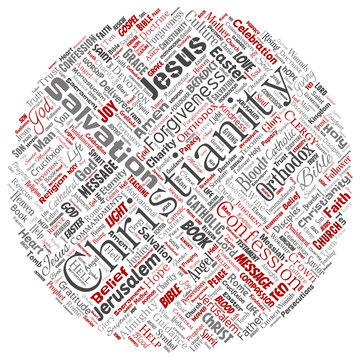 Vector conceptual christianity, jesus, bible, testament round circle red  word cloud isolated background. Collage of teachings, salvation resurrection, heaven, confession, forgiveness, love concept