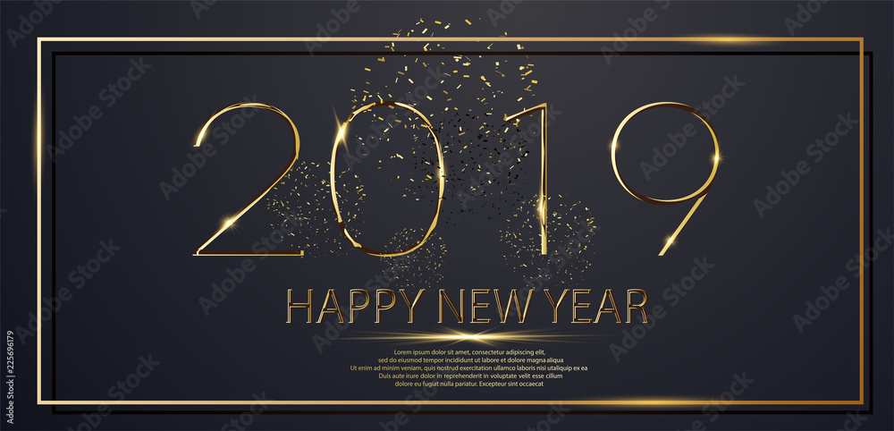 Poster golden happy new year 2019 in square label with burst glitter on black color background